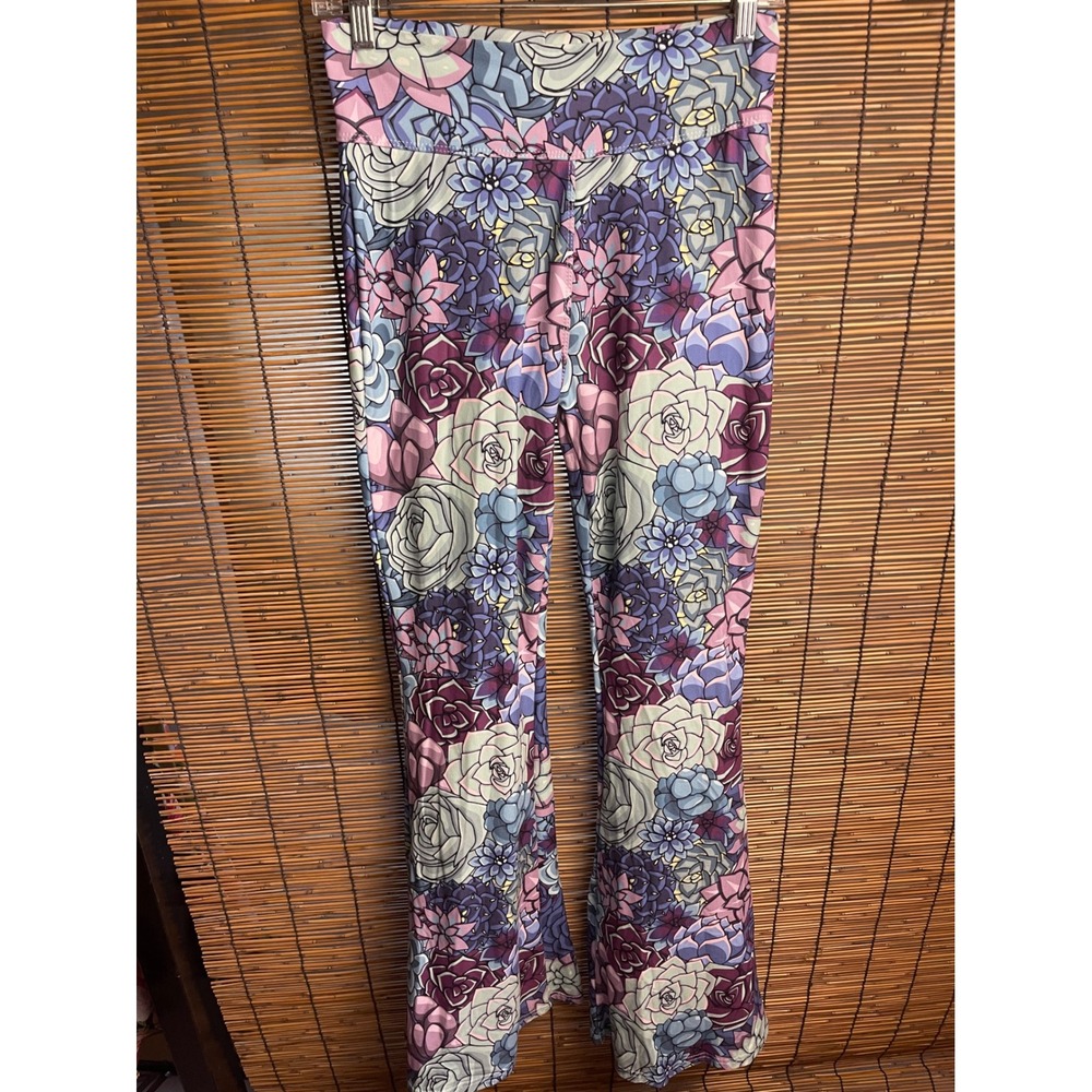 Crazy Train Succulent Floral Flare Pants Purple Blue Bell Bottom Leggings Medium